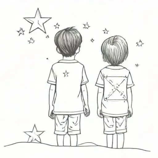 Two Children With Their Backs Turned Looking At The Sky Where There Are 5 Stars