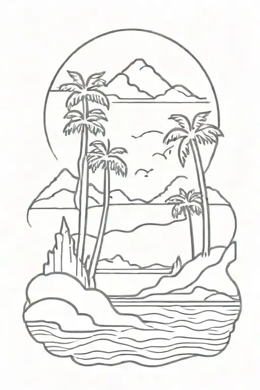 Beach Scene With Palm Trees And Mountains Reflected