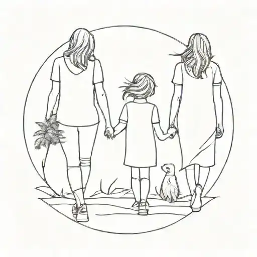 Mom And 3 Dauther Walking