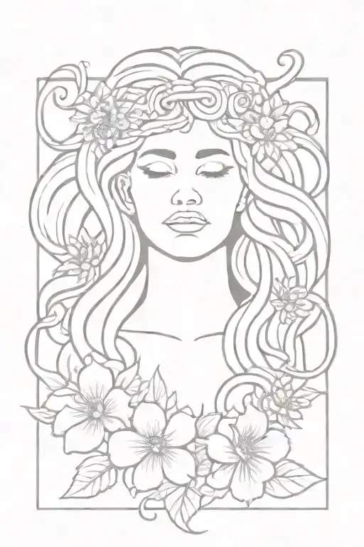 Medusa Greek Mythology Eyes Closed With Flowers And Snakes