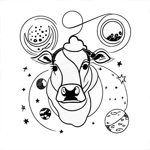 A Minimalist Tattoo Of A Cow Floating In Outer Space Surrounded By Stars And Planets