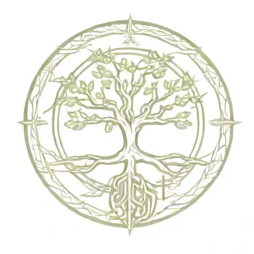 A Minimalist Design Of Yggdrasil Intertwined With A Vegvisir Symbol