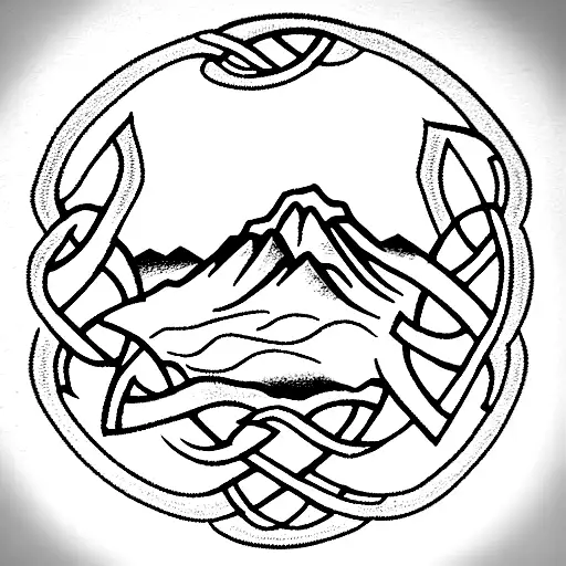 Celtic Knot Cross With Mountain And City Background