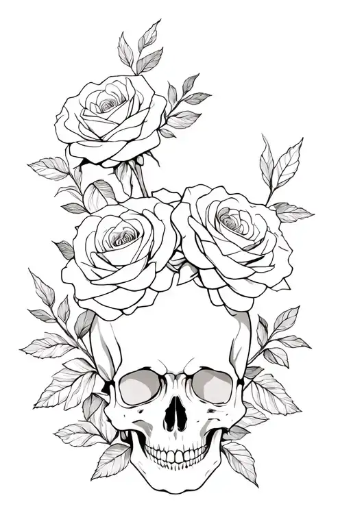 Skull And Roses Intertwined Lots Of Flowers