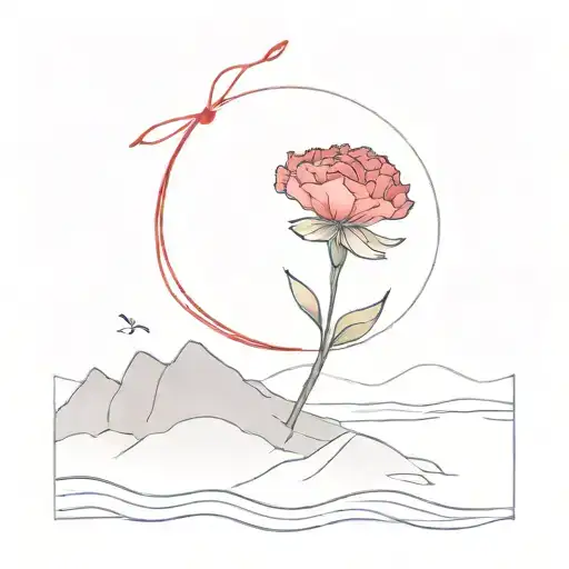 Carnation Flower On An Island In The Middle Of The Ocean With A Red String Of Fate