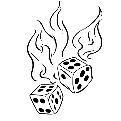 This Whimsical Black-and-white Line Art Tattoo Features Two Stylized Dice Lit With Flames