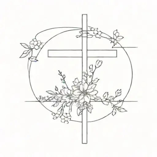 Dainty Cross With Power Lines Connecting On Top Of Cross With Flowers Growing Up The Cross