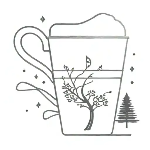 A Coffee Cup With Musical Notes Forming A Pine Tree Silhouette In The Background