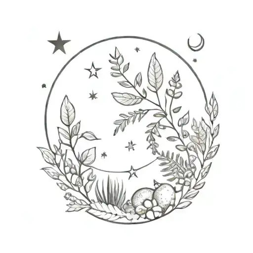 A Simple Tattoo Of A Moon Surrounded By Various Edible Plants Like Herbs And Vegetables