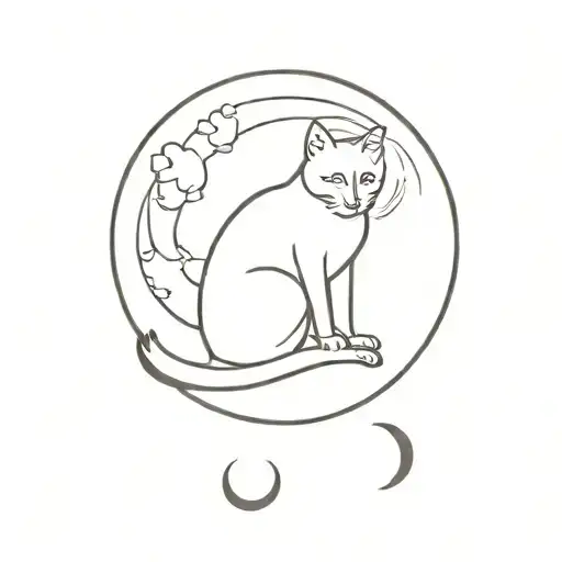 A Minimalist Tattoo Design Of A Cat Sitting Under The Moon