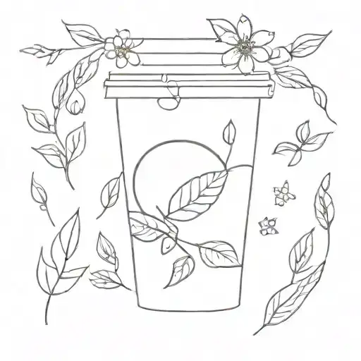 A Tattoo Featuring A Coffee Cup Surrounded By Flowers And Trees