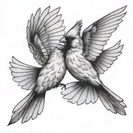 Two Cardinal Birds Flying Around Eachother With Their Wings Spread And Flapping