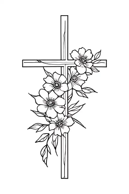 Fine Line Cross With Flowers Wrapped