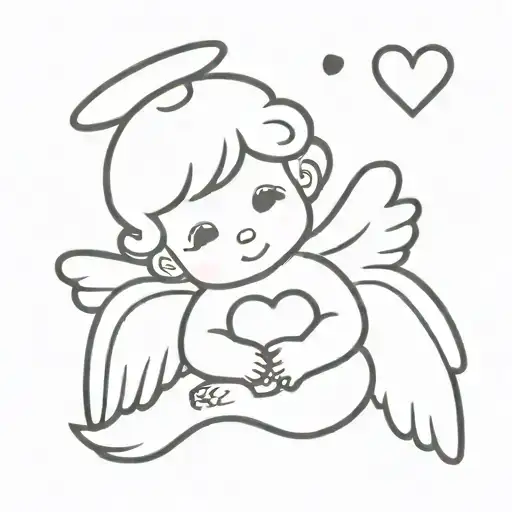 Baby Angel Holding Heart Shape With Clouds Floating Greek Style