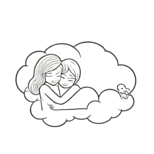 Two Dolls Hugging On Top Of A Cloud