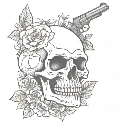 Skull With Gun And Flowers