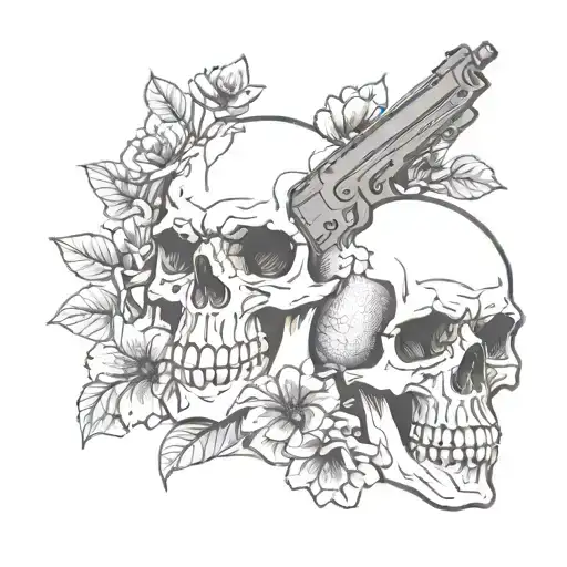 Skull With Gun And Flowers