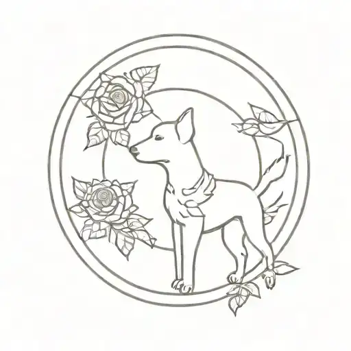 Dog Inside Sun With Roses And Larkspur