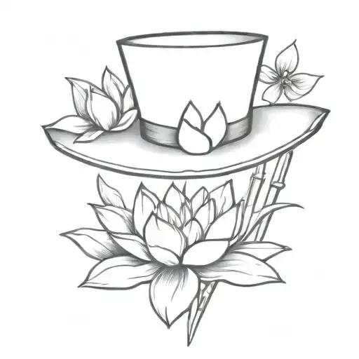 Conical Bamboo Hat Surrounded By Lotus Flowers