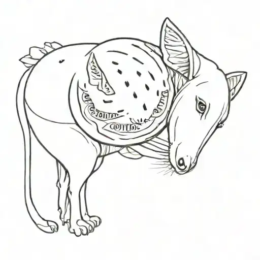 A Hyenna Animal With Its Guts Falling Through Her Stomach And Watermelon Sewed Over Her Head