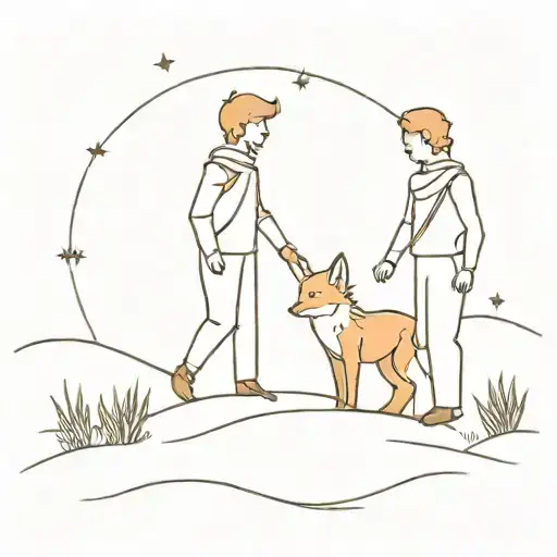 A Minimalist Tattoo Of The Little Prince And The Fox Walking Hand In Hand Through The Desert