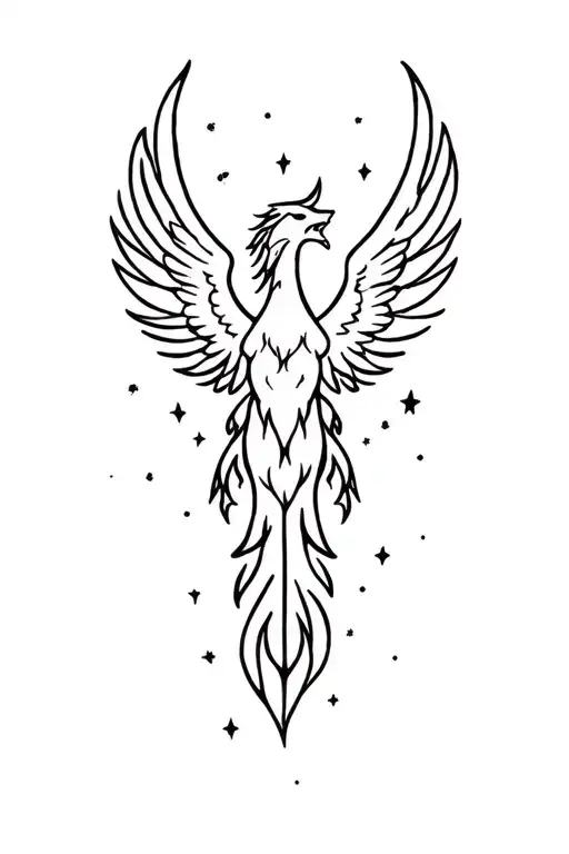 Phoenix Wings Spread Soaring Into The Night Sky Filled With Star And Tail On Fire