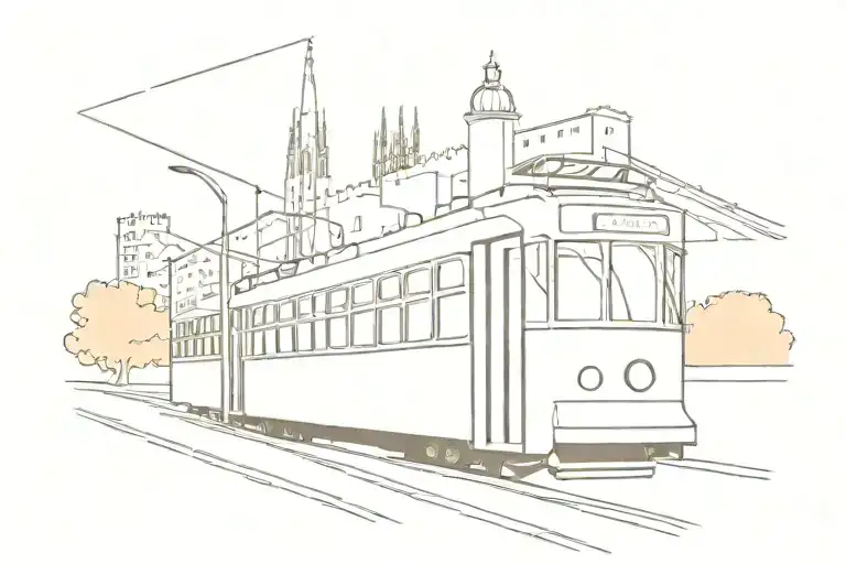 Lisbon Tram Outline With Sagrada Familia Outline In The Background