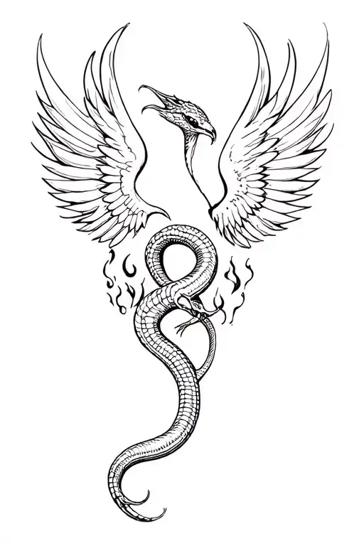 Cobra With Phoenix Wings Rising From Flames
