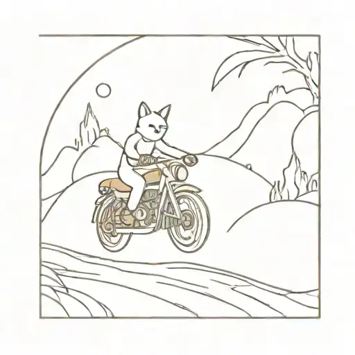 A Minimalist Tattoo Design Of A Cat Riding A Motorcycle Through A Cinematic Landscape