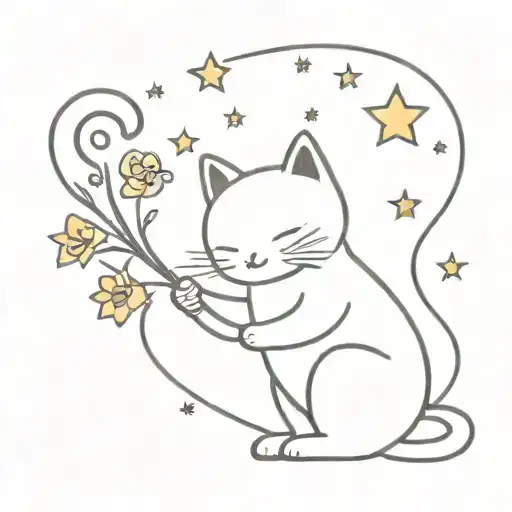 A Whimsical Cartoon Scene Of A Cat Conducting A Symphony Of Flowers And Stars