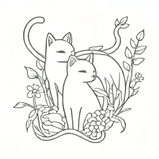 A Minimalist Design Of A Cat And A Dog Playing Together In A Field Of Flowers
