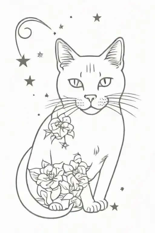 Cat With A Small Flower And Stars Fine Line
