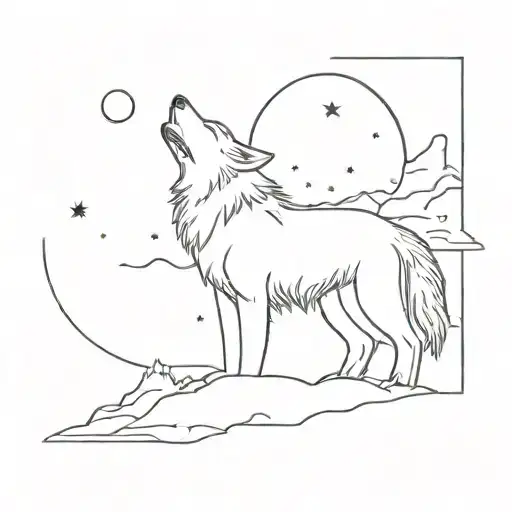 A Celestial Scene Of A Wolf Howling At The Moon
