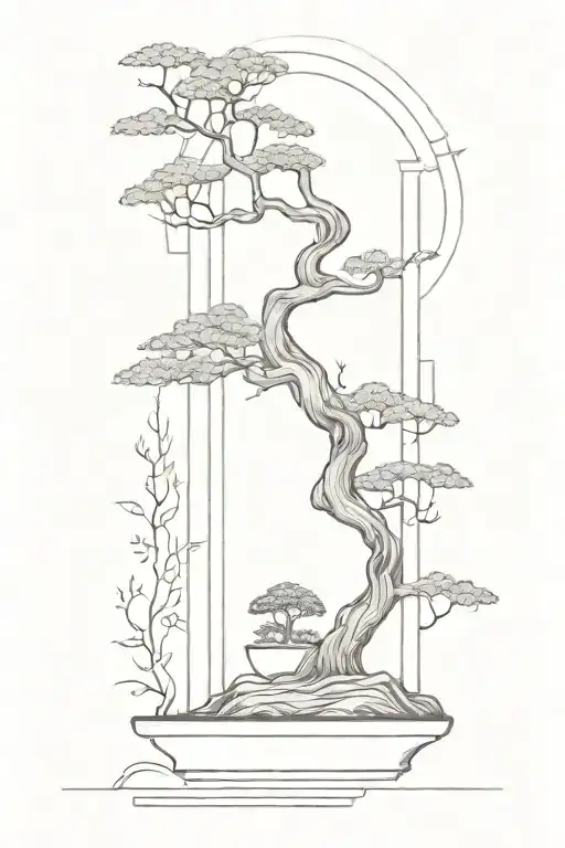 Fine Line Vertical Tatto With Bonsai Tree And Greek God