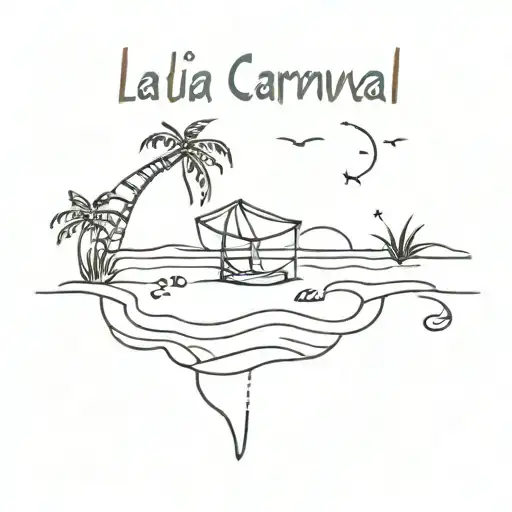 A Minimalist Tattoo Of A Beach Scene With The Text 'La Vida Es Un Carnaval' Incorporated In The Sand
