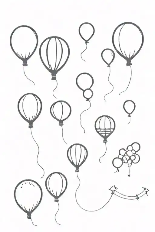 Six Black Balloons And One Balloon Floating Away