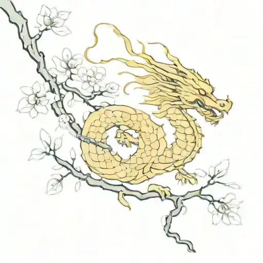Golden Dragon Wrapped On A Sakura Tree With A String Of Hope