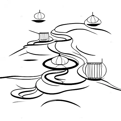 A Minimalist Tattoo Of Rapunzel's Lanterns Floating Above A Serene Nature Scene