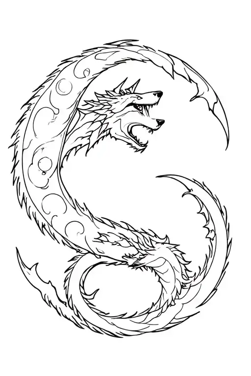 Wolf And Dragon Intertwined Around Moon