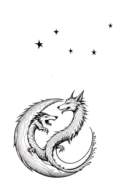 Wolf And Dragon Intertwined Around Moon
