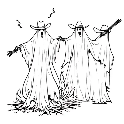 Minimalist Tattoo Design Featuring Cowboy Ghosts Dancing Around A Fire