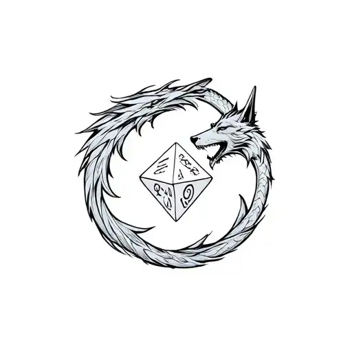 Wolf And Dragon Circled Around D&d D20 Dice