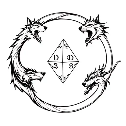 Wolf And Dragon Circled Around D&d D20 Dice