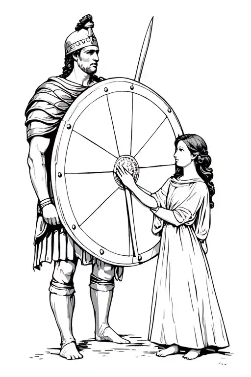 Roman Soldier Standing With A Large Roman Shield Protecting His Daughter Who Is Standing Behind Him