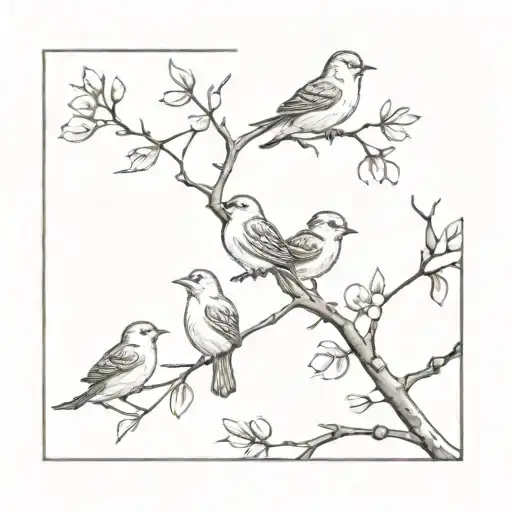 4 Birds On Cherry Tree Branch