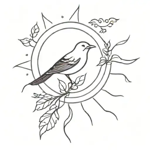 Sun And Bird With Plants Around