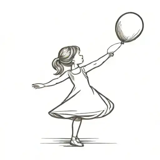 Little Girl In A Dress Standing On Her Toe Like A Ballerina Reaching For A Flying Balloon