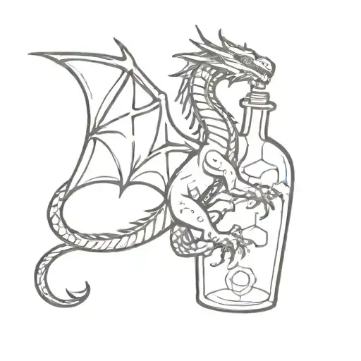 Dragon Climbing On A Potion Bottle Full Of Dnd Dice