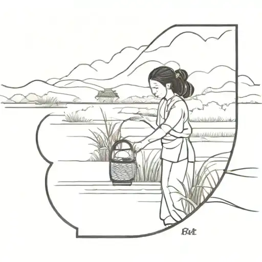 Tattoo In A Vietnames Latern Woman Woriking Ricefield River Mountain Fare Away