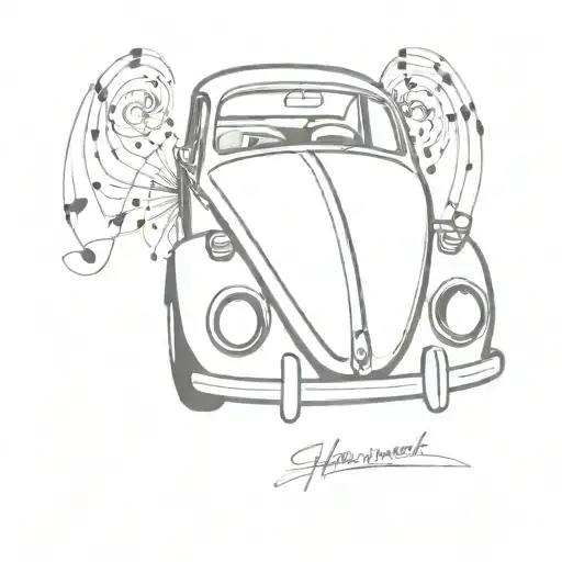 A Minimalist Tattoo Design Of A Classic Vw Beetle With Music Notes Floating Around It